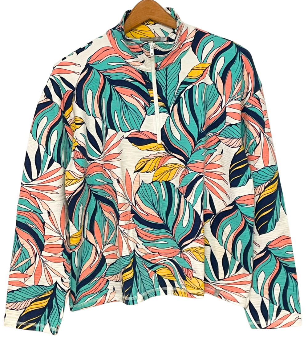 T by Talbots Sz XL 1/4 Zip Sweatshirt Mock Neck Tropical Leaf UPF50 Cotton-Modal